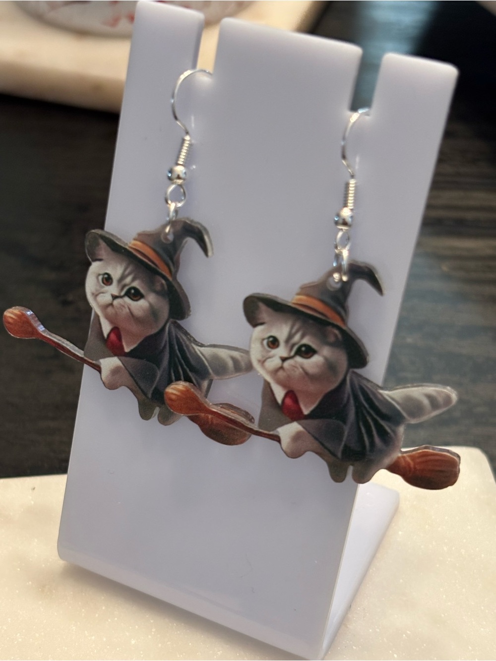 Title: Wizard Cat Broomstick Acrylic Dangle Earrings | Halloween Kitty | Silver